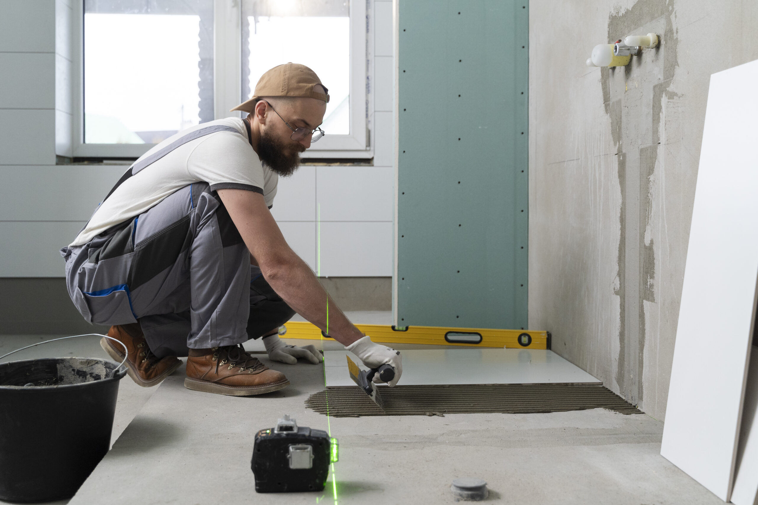tiler working renovation apartment